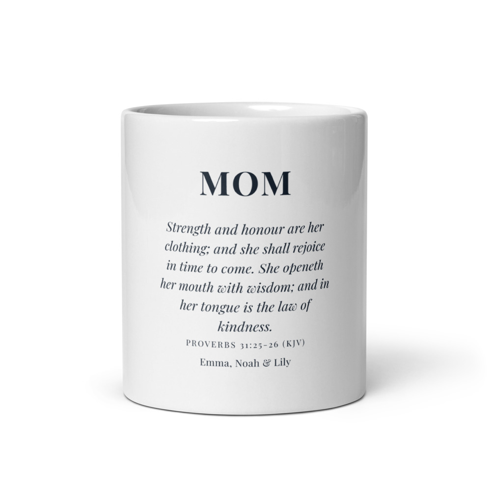 Strength and Dignity Mug, 11 oz white glossy mug (front view)