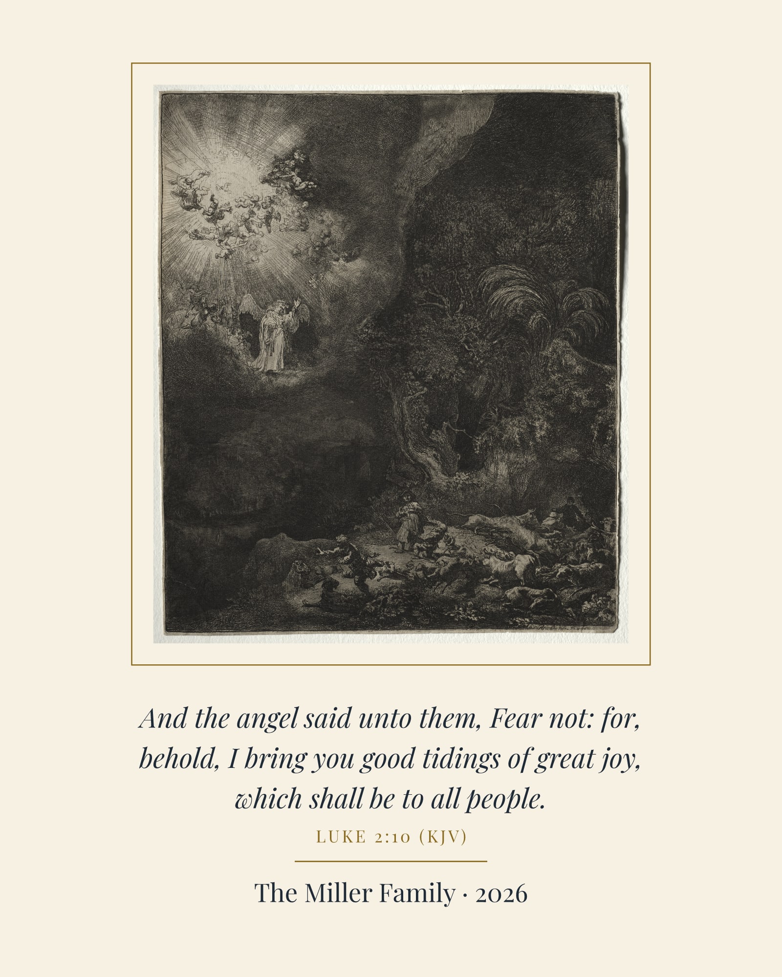 Fear Not Shepherds Art Print, matte poster, shown with a sample dedication