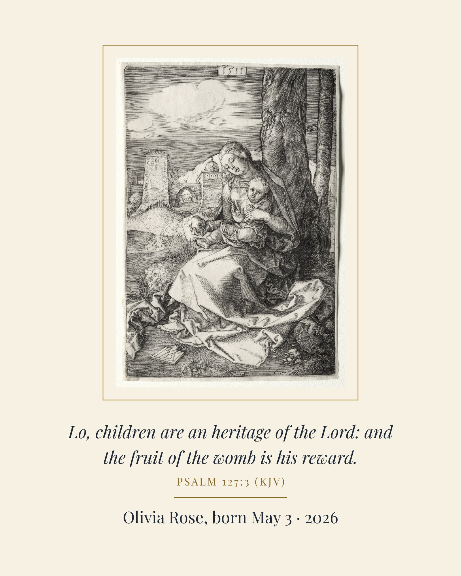 Heritage of the Lord Virgin and Child Art Print, matte poster, shown with a sample dedication