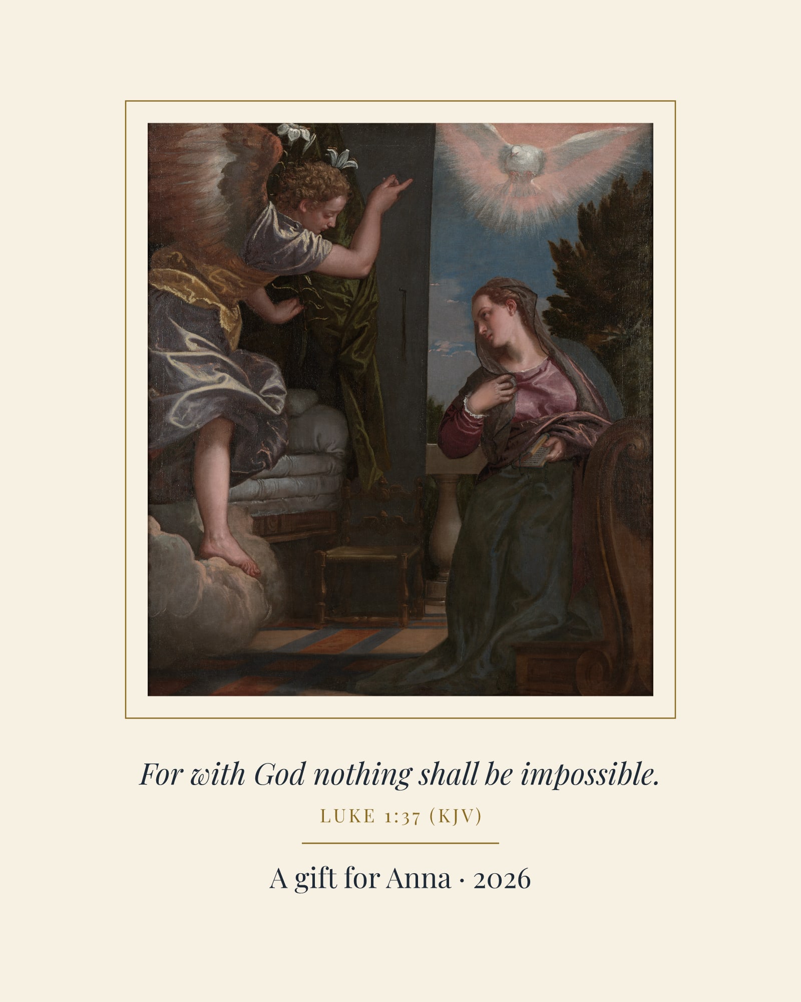 Nothing Shall Be Impossible Annunciation Art Print, matte poster, shown with a sample dedication