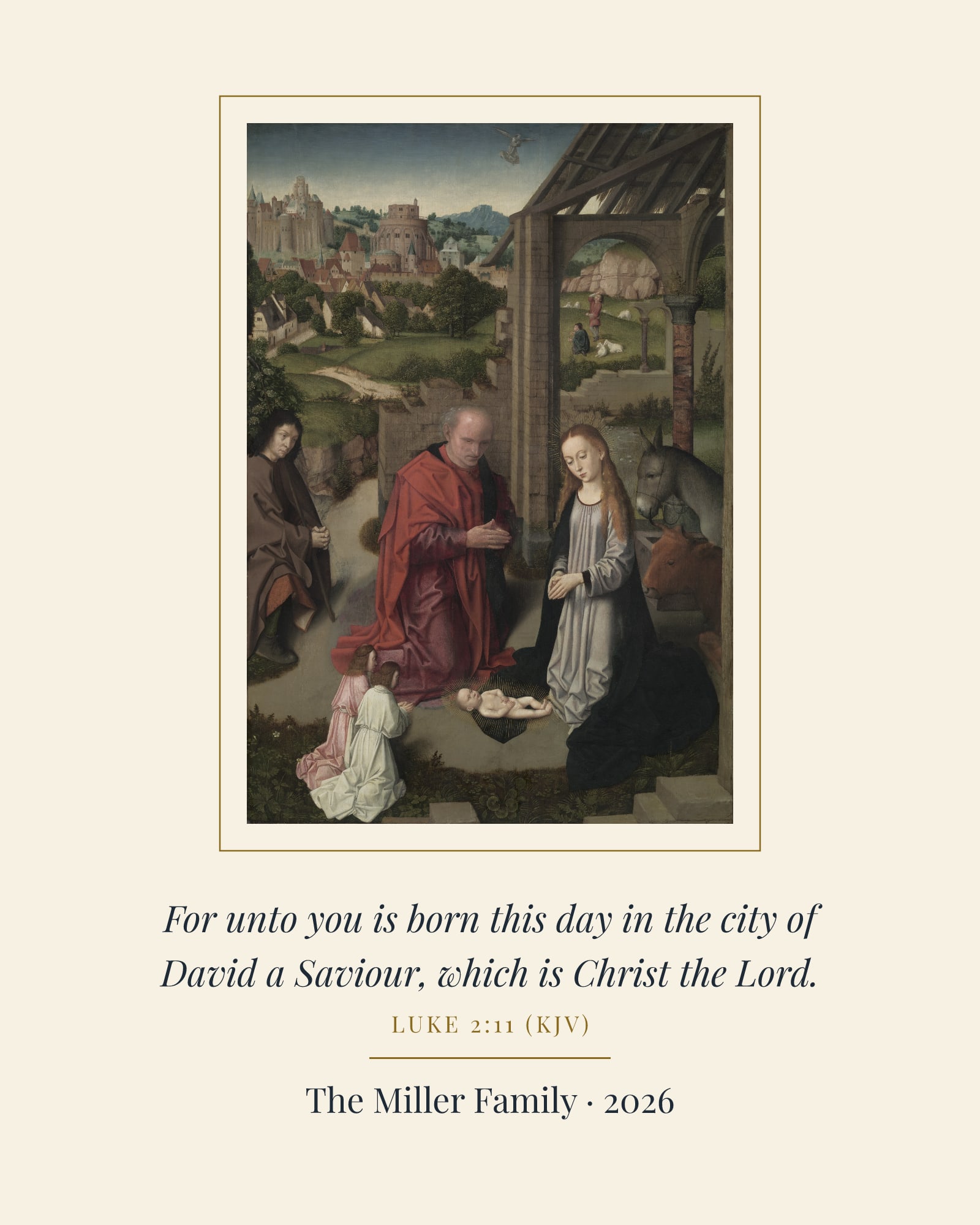 Unto You Is Born Nativity Art Print, matte poster, shown with a sample dedication