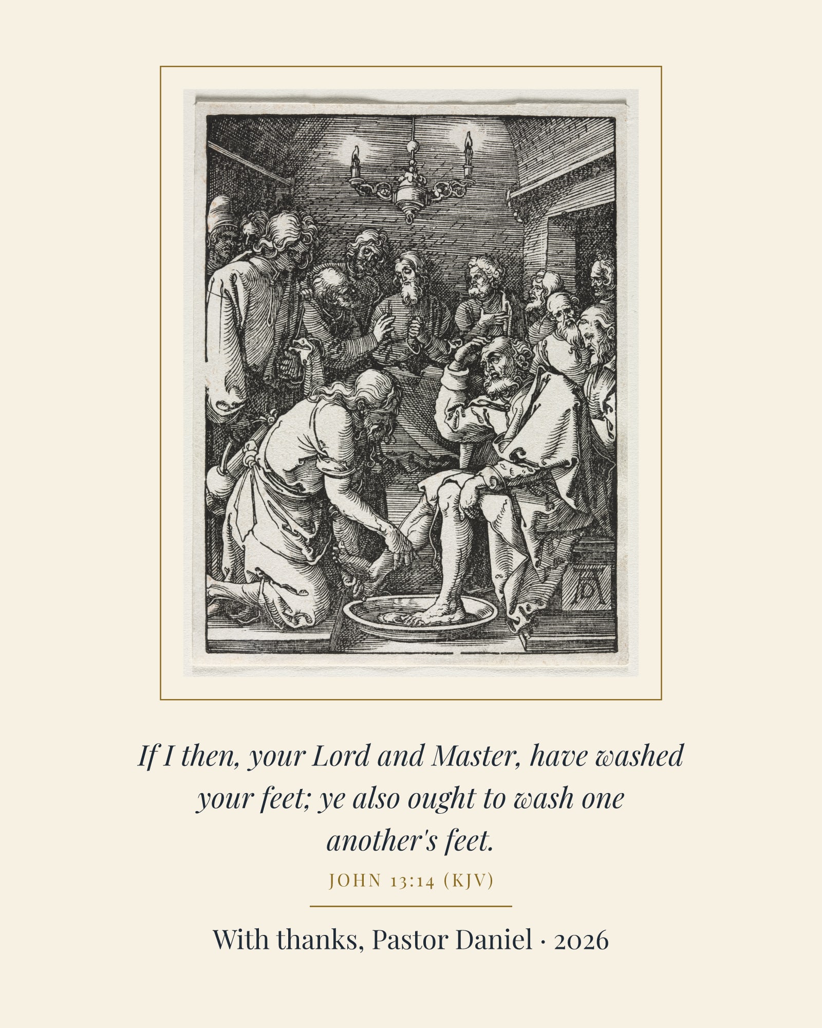 Wash One Another's Feet Pastor Thank-You Art Print, matte poster, shown with a sample dedication