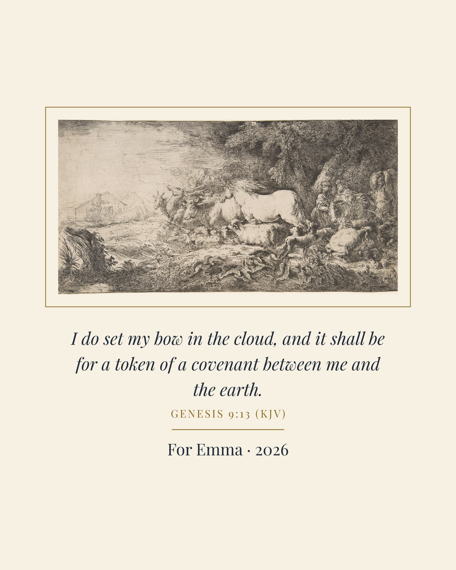 A Token of a Covenant Noah's Ark Art Print, matte poster, shown with a sample dedication