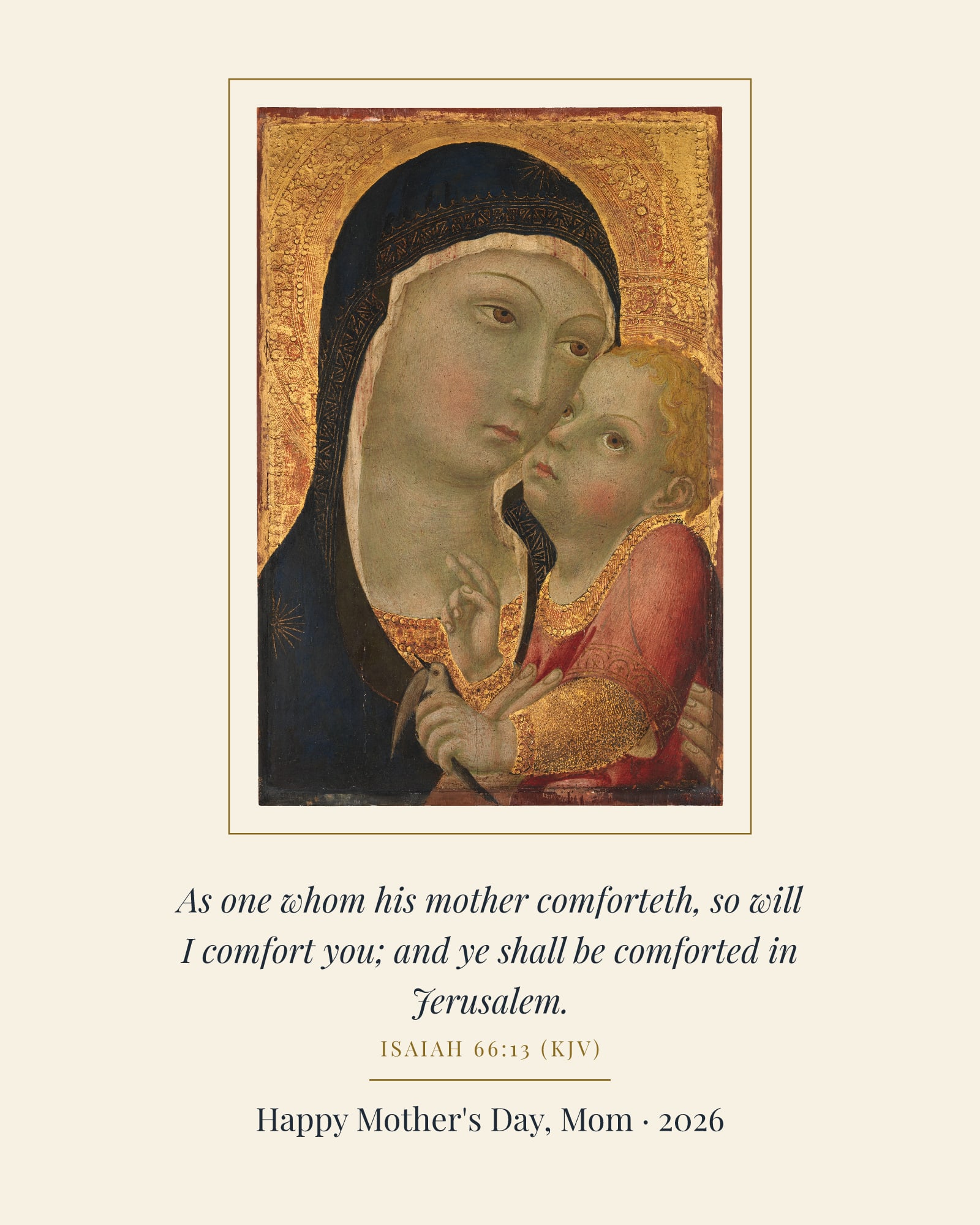 As One Whom His Mother Comforteth Mother's Day Art Print, matte poster, shown with a sample dedication
