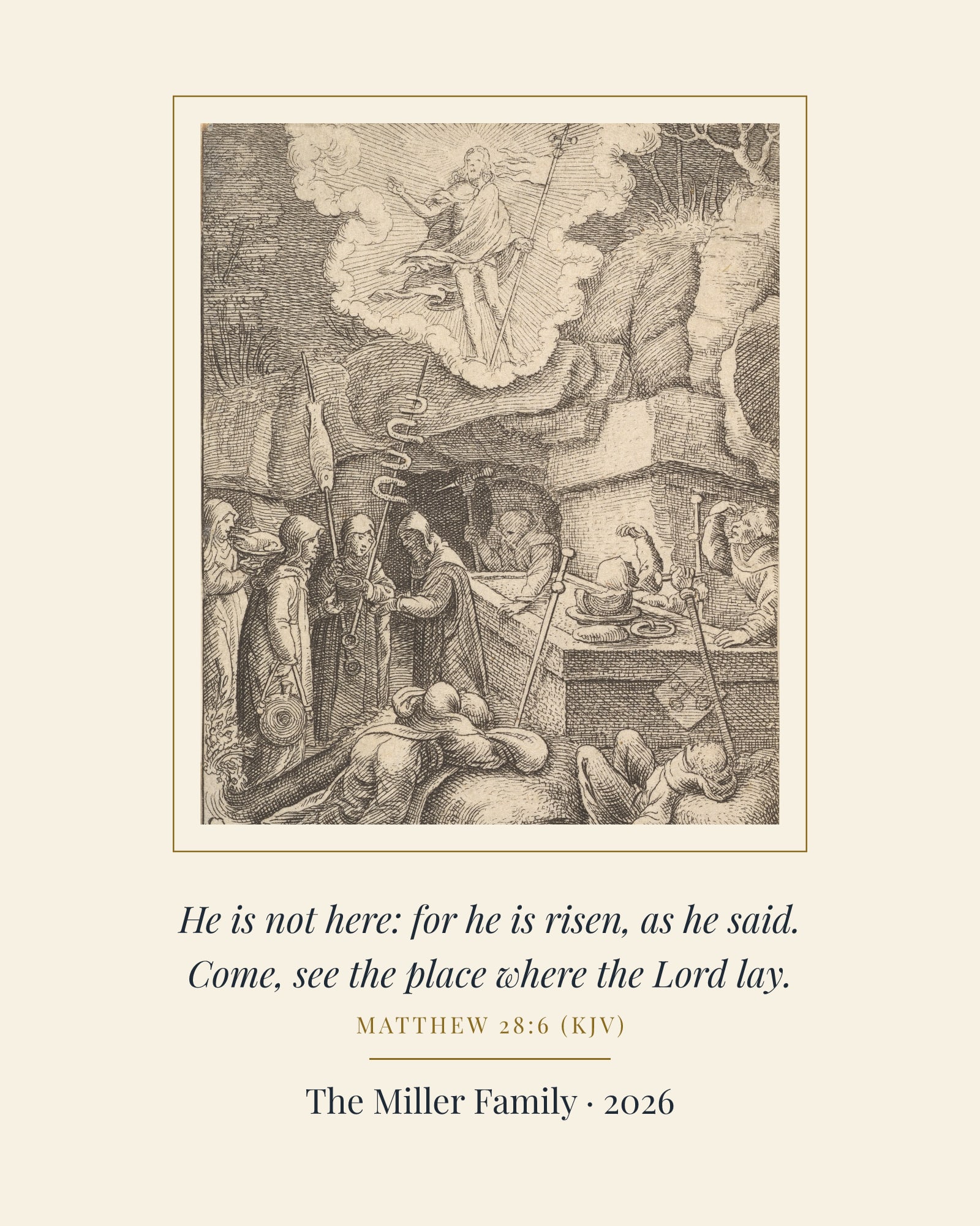 He Is Risen Easter Art Print, matte poster, shown with a sample dedication