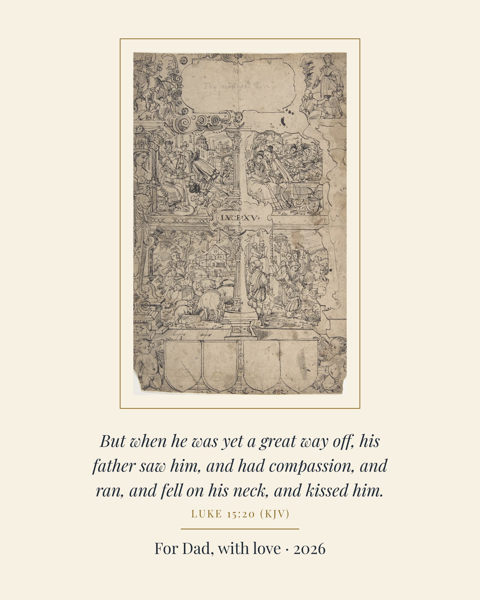 His Father Saw Him Father's Day Art Print, matte poster, shown with a sample dedication