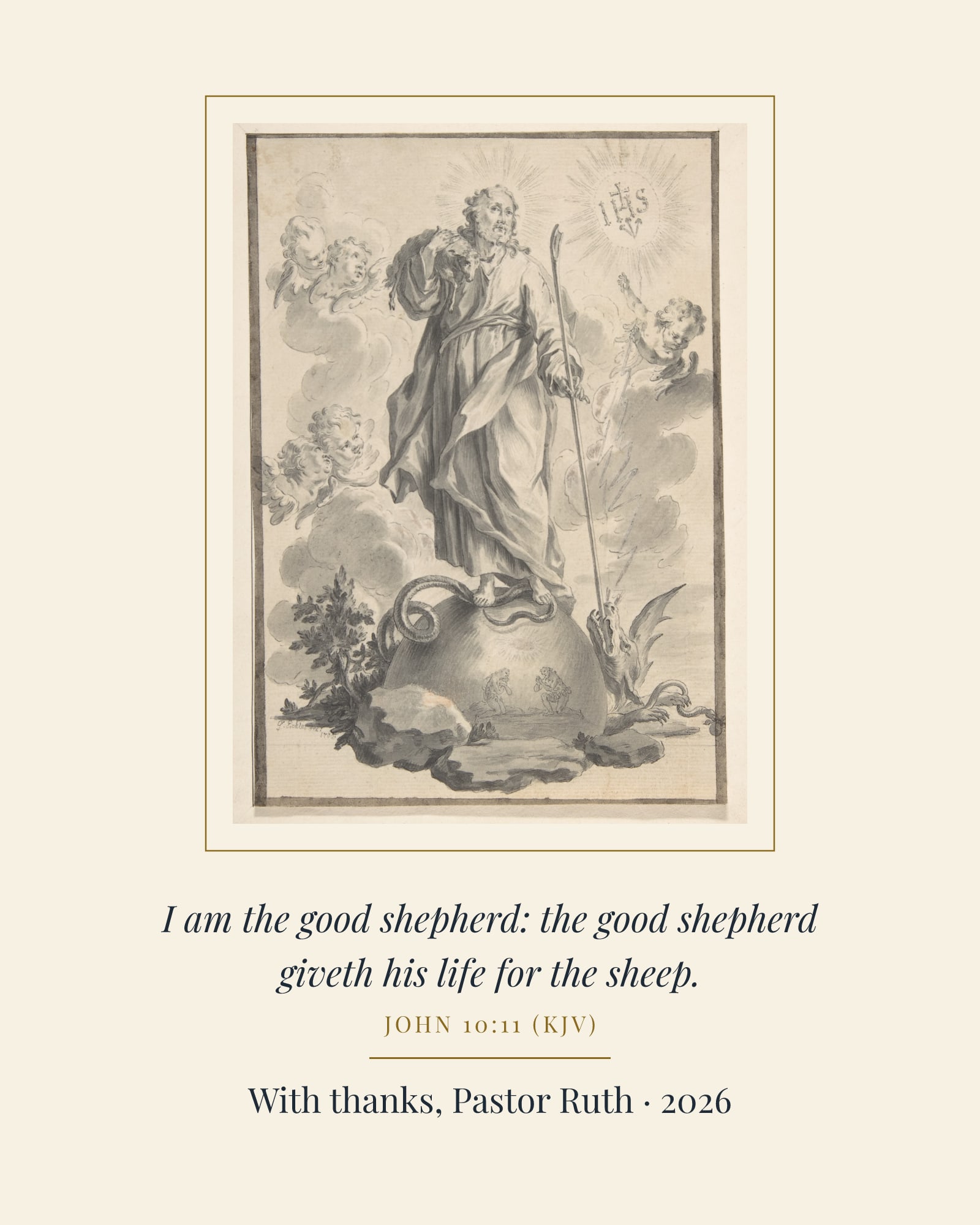 I Am the Good Shepherd Pastor Thank-You Art Print, matte poster, shown with a sample dedication