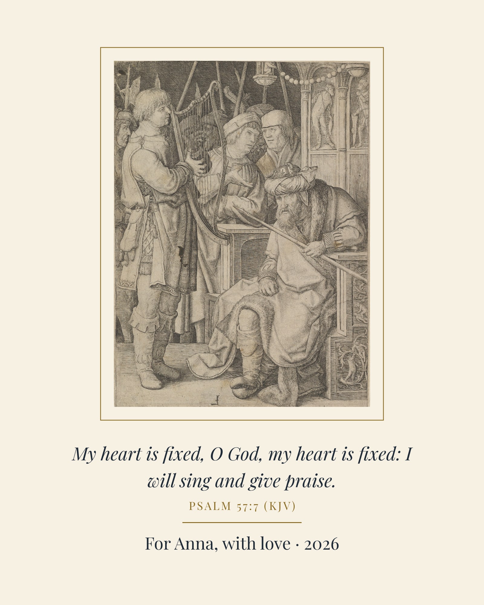I Will Sing and Give Praise Psalm Art Print, matte poster, shown with a sample dedication