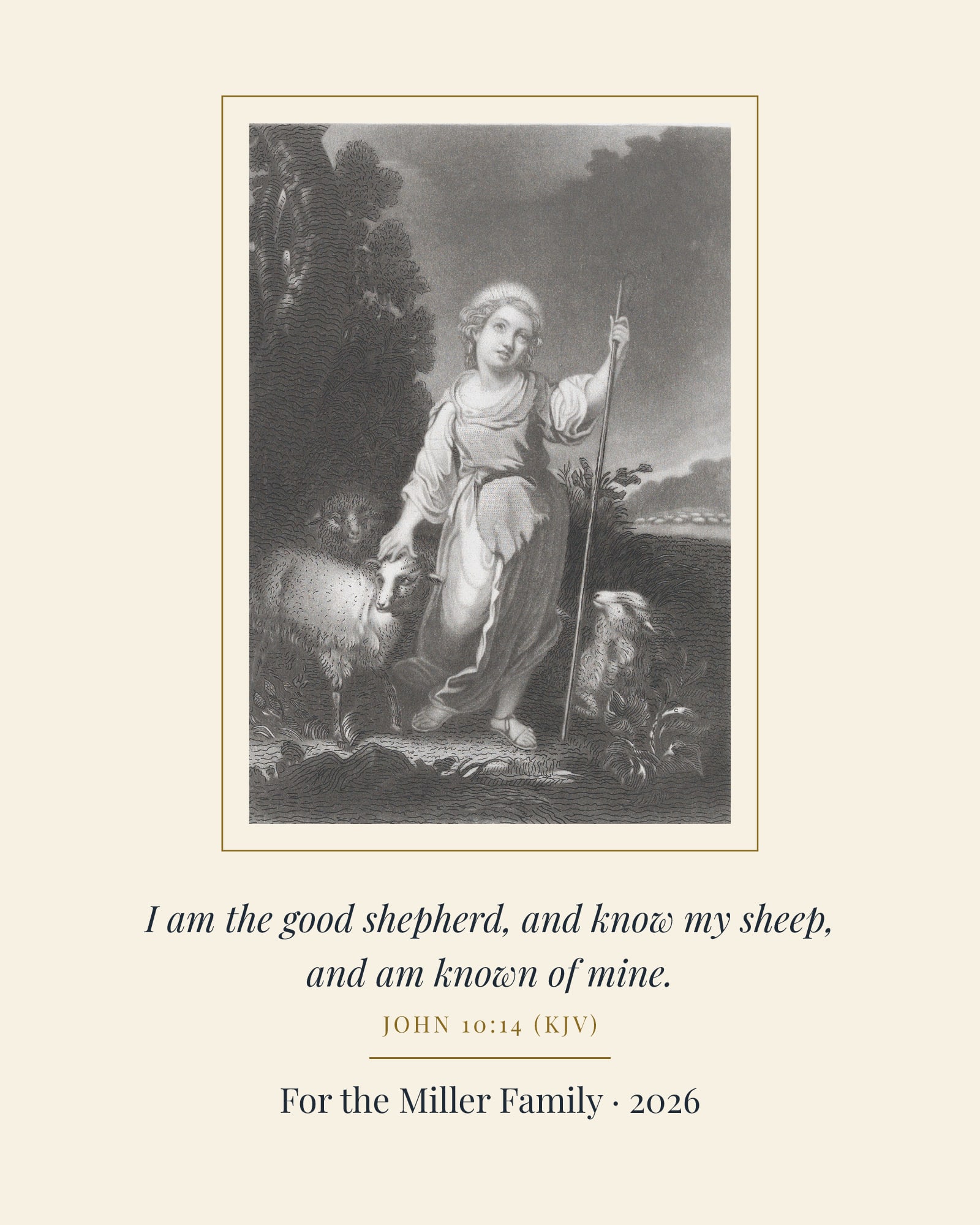 Know My Sheep Good Shepherd Art Print, matte poster, shown with a sample dedication