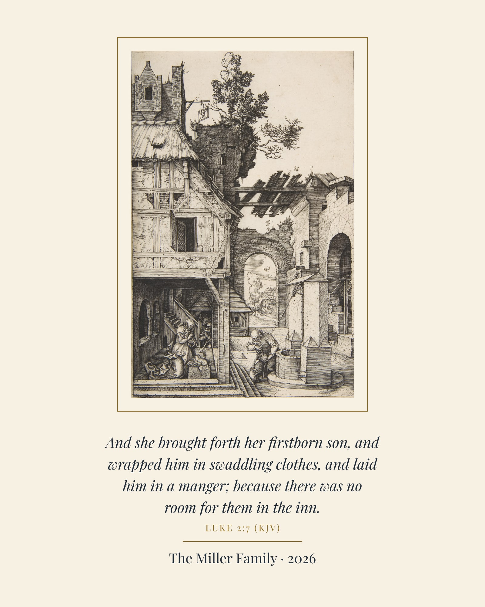 Laid in a Manger Nativity Art Print, matte poster, shown with a sample dedication