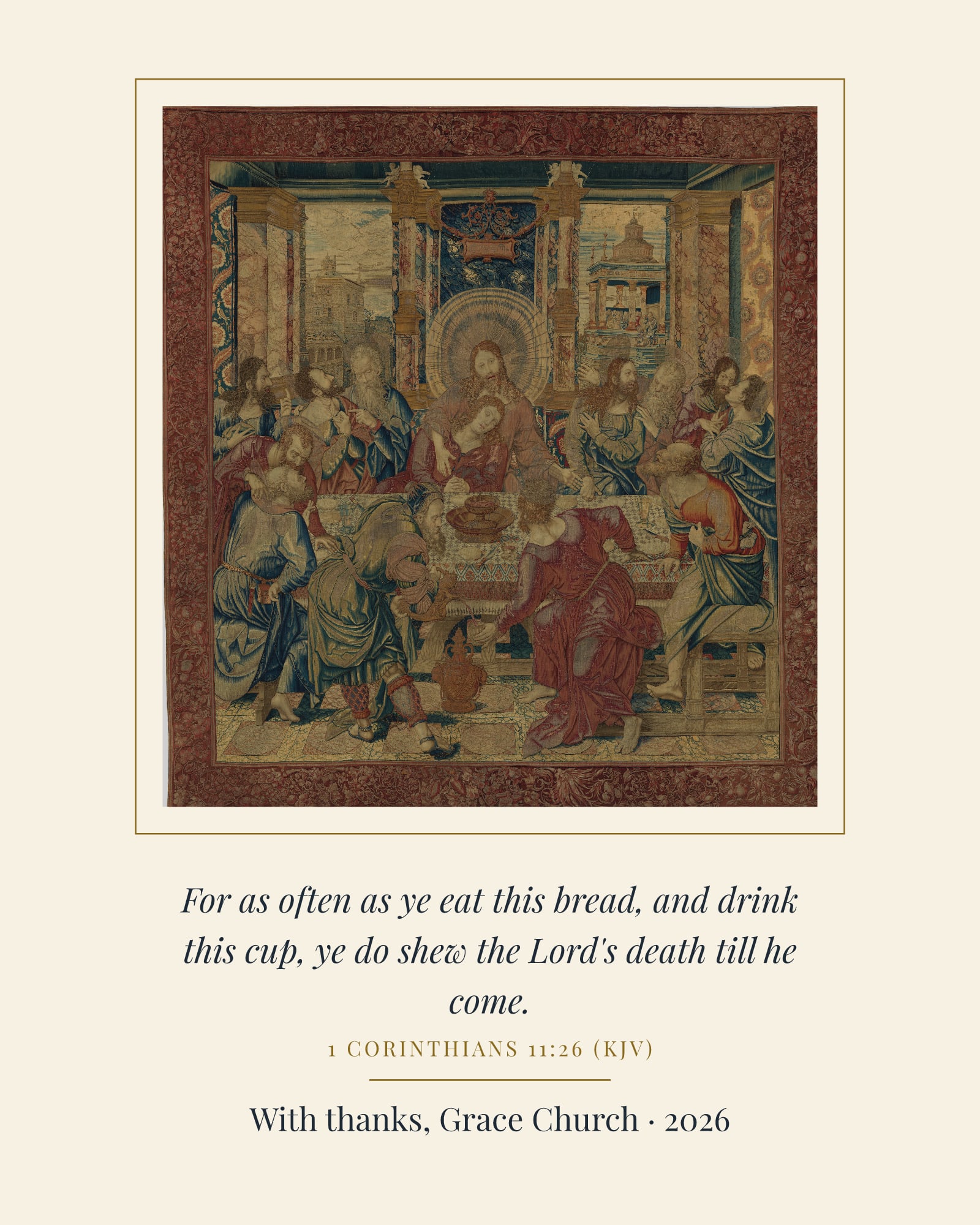 Till He Come Communion Art Print, matte poster, shown with a sample dedication