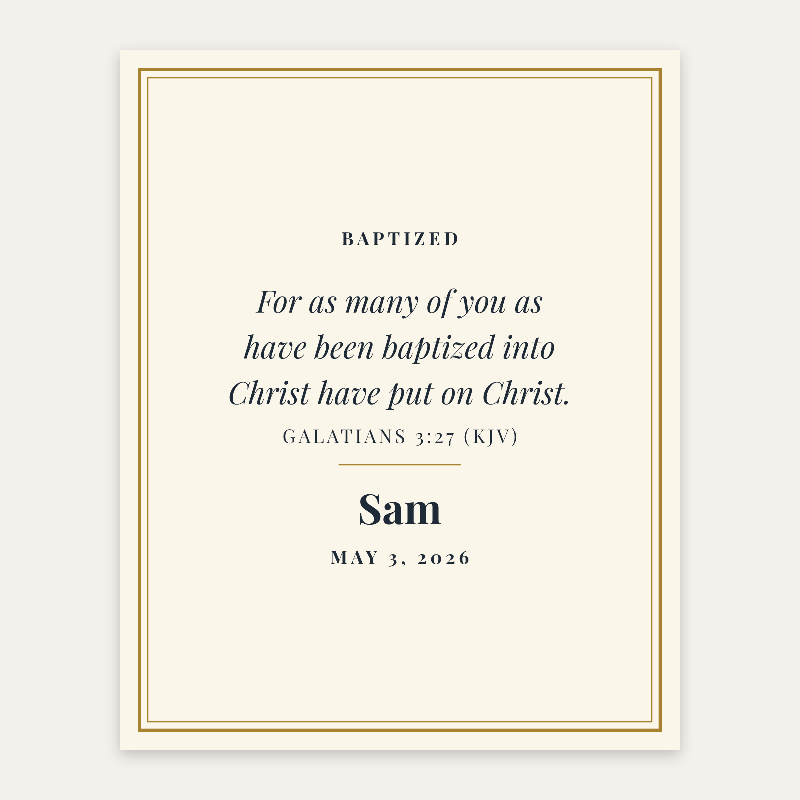 Put On Christ Baptism Print, matte paper poster, design preview with sample text
