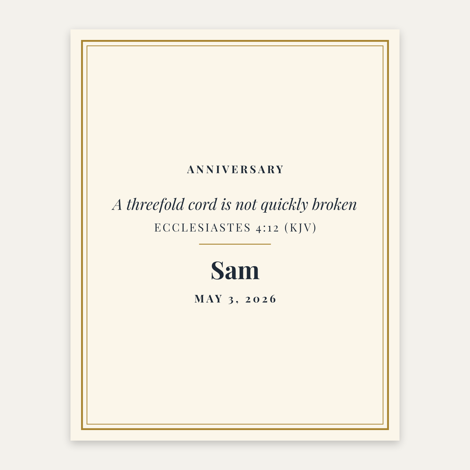 Threefold Cord Anniversary Print, matte paper poster, design preview with sample text