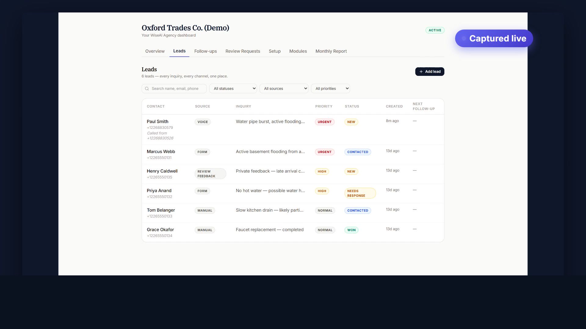 WiseAI Agency live leads dashboard - a voice lead captured in real time